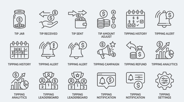 Set of line icons related to tipping and financial rewards.