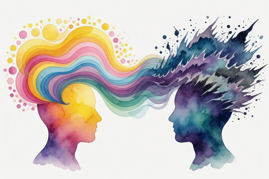 Contrasto emotivo e connessione tra due menti, illustrazione ad acquerello