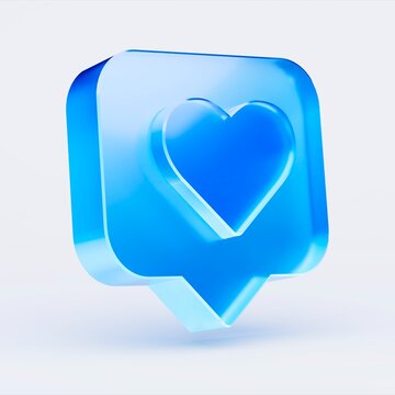 3D blue heart like notification icon isolated on white background, concept of social media love reaction. Transparent Liquid Glass icon. 3D rendering.