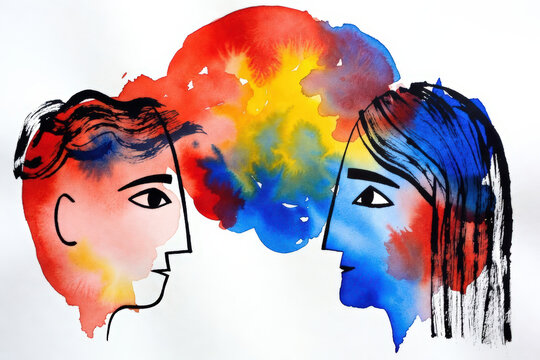 Illustrazione artistica con tecnica acquerello di un dialogo tra due volti
