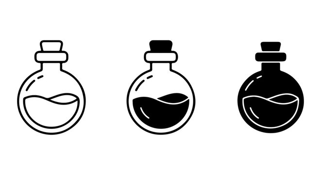 Potion Bottle Icons, Round Glass Flask Vector Graphics, Alchemy Liquid Vials, Science Experiment Symbols