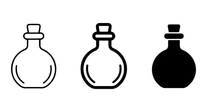 Glass Potion Bottle Icons, Vintage Flask Vector Set, Alchemy Liquid Container Graphics