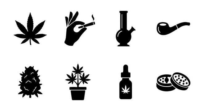 Cannabis Icons Set, Marijuana Symbols, Medical Weed Vector Graphics, Smoking Accessories
