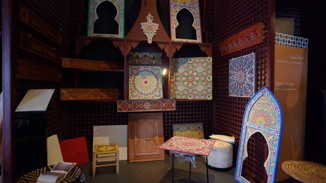 Islamic Handicraft Exhibition Featuring Wood Carvings and Geometric Patterns