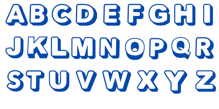 Alphabet letters from A to Z in a 3D puffy style, presented in blue on a white background, showcasing the complete English alphabet for educational and design purposes