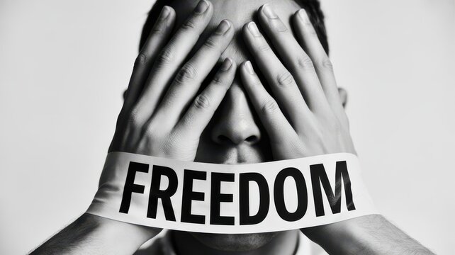Man covering face with hands, tape across mouth with word FREEDOM, isolated on white background