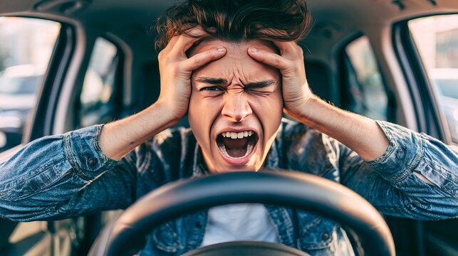 Desperate young driver stuck in heavy traffic jam inside car, feeling frustrated, stressed and impatient during daily commute, urban transportation congestion and road travel delay concept