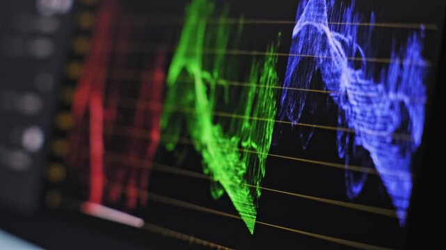 Angled close-up of an RGB parade waveform monitor displaying fluctuating red and blue channels. The professional interface highlights the intricate process of color correction.