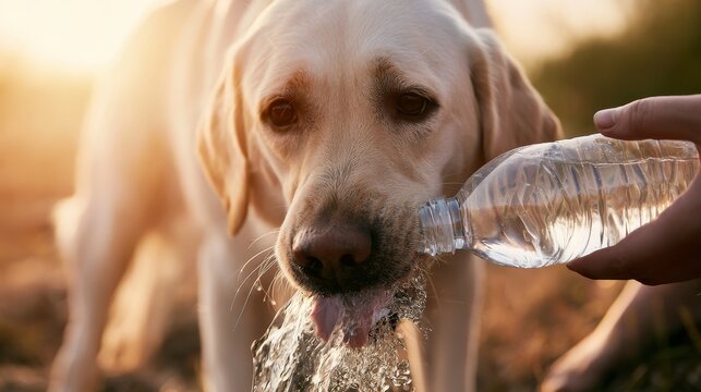 Thirsty yellow Labrador retriever drinking water from a plastic bottle held by owner on hot summer day, outdoor hydration and pet care showing heat relief, friendship and care