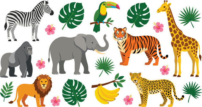 Tropical jungle safari animal vector collection featuring wild tiger lion elephant giraffe zebra leopard gorilla toucan and monstera leaves isolated on white background