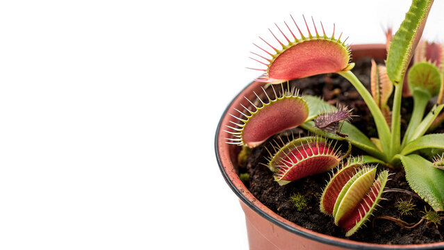Exotic carnivorous venus flytrap plant growing in a ceramic pot isolated on transparent background cut out