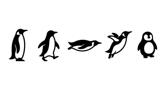 Charming Penguin Vector Icons Set, Diverse Poses, Simple Black and White Graphics