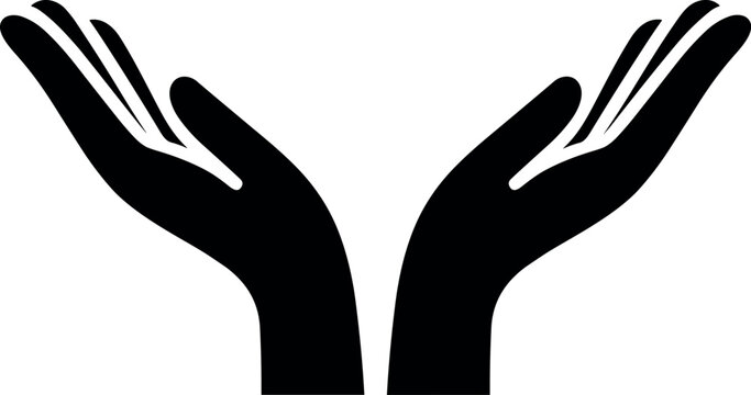 Minimalist black and white vector icon of two open cupped hands gesture representing care support charity and protection