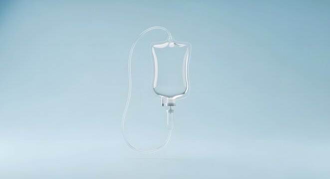 Medical IV drip bag with plastic tubing, transparent saline solution bag for intravenous therapy, clinical healthcare equipment on blue background