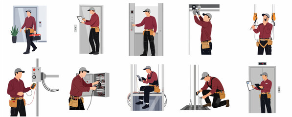 Professional elevator technician set performing maintenance, inspection and repair services © Haimura