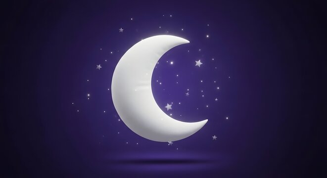 Glossy 3D crescent moon, white plastic night moon with stars, purple dream background