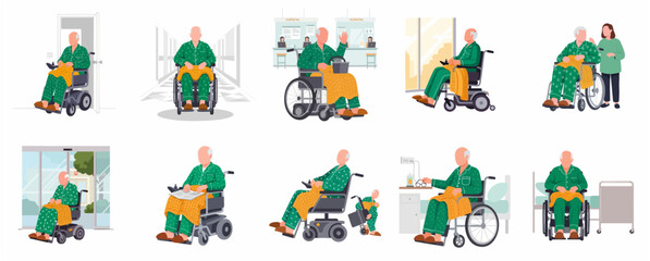 Fototapeta premium Elderly man in wheelchair hospital patient illustration set, senior healthcare and disability recovery scenes
