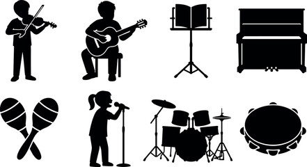 Children music school and musical instruments silhouette set featuring kids playing guitar violin and drums in image_970d22.pngChildren music school and musical instruments silhouette set featuring ki © Shaharia Shaharia