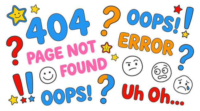 404 page not found error message with funny doodle icons and text