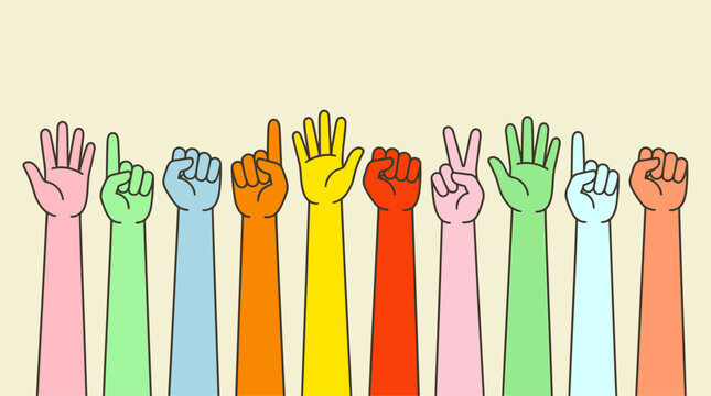 Colorful cartoon hands raised up showing different gestures and numbers
