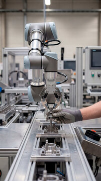 Industrial cobot arm handling metal component on automated production line in factory