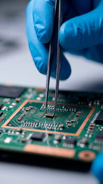 Technician placing tiny microchip with tweezers onto copper circuit board in laboratory