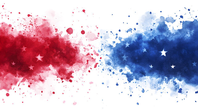 Premium red and blue watercolor paint splash frame with stars and USA flag concept on white background for patriotic border design