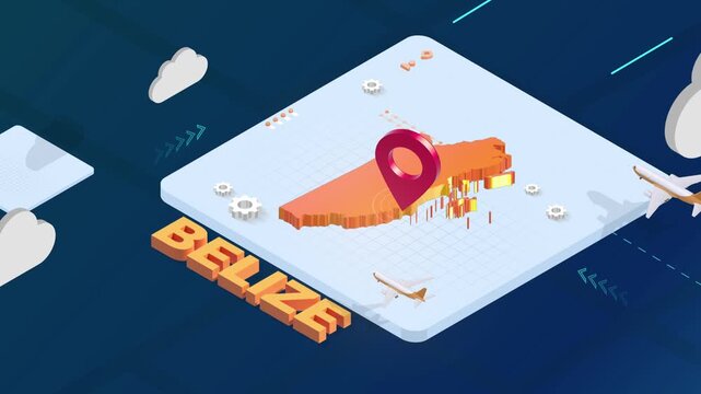 Isometric 3D Render of Belize Map with Red Location Pin Pointer and Floating Airplanes