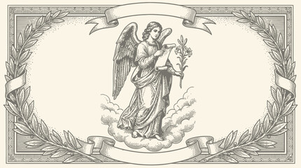 Naklejka premium Exquisite vintage monochrome woodcut engraving of Archangel Gabriel, divine celestial messenger with majestic wings, intricate antique spiritual vector art illustration, historic religious icon.