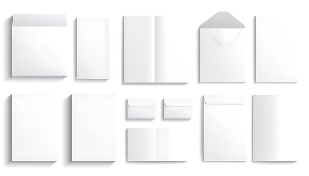 Collection of blank white stationery items, including envelopes, folded paper, and note cards, isolated on white background