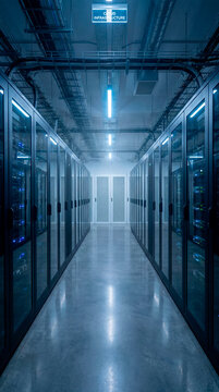 Cloud infrastructure data center aisle with glass server cabinets and polished concrete floor