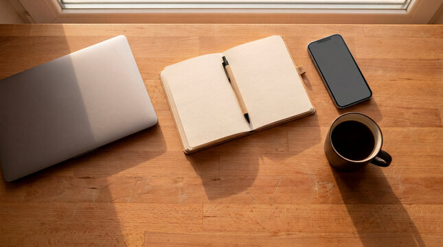 Flat lay of laptop blank notebook smartphone and coffee on warm wooden desk