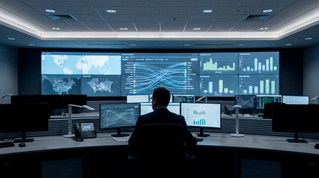 Operator monitoring global network analytics on curved video wall in dark command center