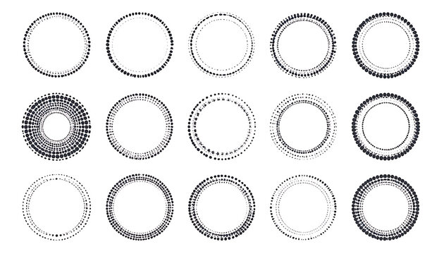 collection of circular dot pattern frames in various styles and sizes, distressed textures and grunge effects