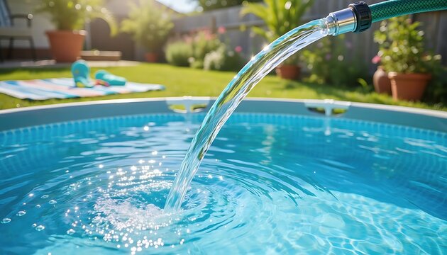 Water flowing into a backyard swimming pool.