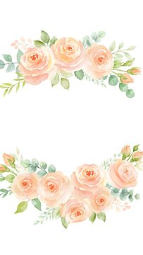 Watercolor Floral Border with Peach Roses.
