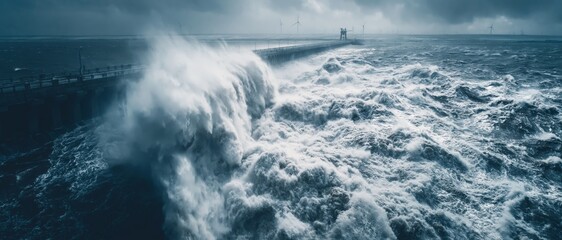 Naklejka premium Massive waves crash violently against a sea wall during a storm, serving as a dramatic background for climate change and coastal defense discussions.