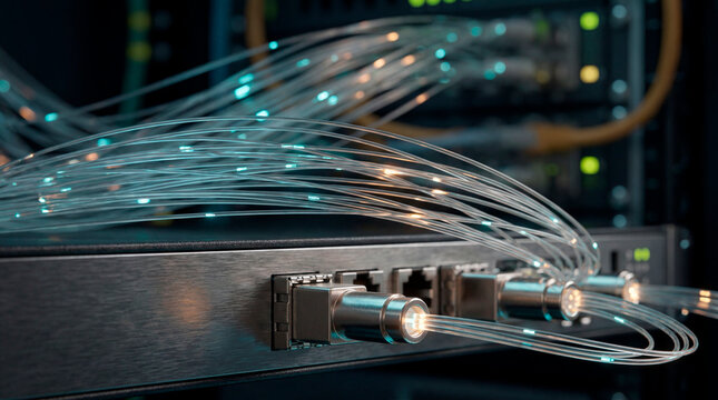 Glowing fiber optic cables transmitting light connected to network switch in server room