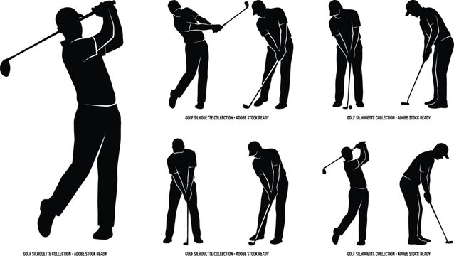 Golf players demonstrate professional swing mechanics through a series of isolated black silhouette icons.