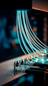 Illuminated fiber optic strands flowing into network panel ports in dark data center