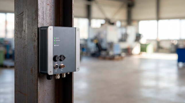 Industrial IoT sensor gateway device mounted on steel beam inside modern factory workshop