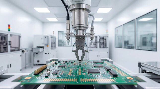 Automated robotic arm assembling green circuit board in bright semiconductor cleanroom facility