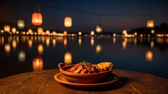 Warmly lit pumpkin pie with candles on wooden table.