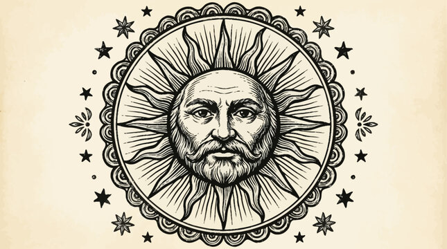Antique celestial sun with human face, mystical esoteric vector illustration, vintage black woodcut engraving, sacred emblem for occult logo design, solar deity symbol on white background.