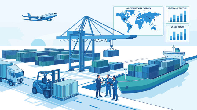 Illustration of a busy shipping port with workers, containers, and various transportation modes