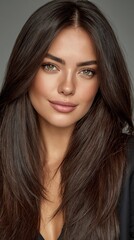 Naklejka premium A striking portrait of a woman with long dark hair and hazel eyes against a neutral background, showcasing beauty and fashion aesthetics.