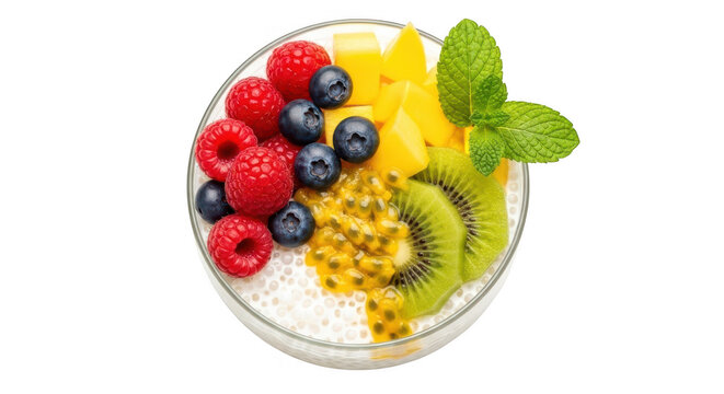 Bowl of tapioca pudding with fresh tropical fruits and mint leaves isolated on transparent background
