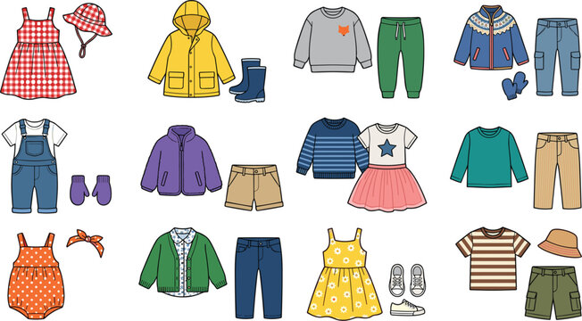 Children Fashion Outfit and Seasonal Apparel Set with Cute Mix and Match Dresses Overalls Raincoats and Trousers for Kids Wardrobe Templates
