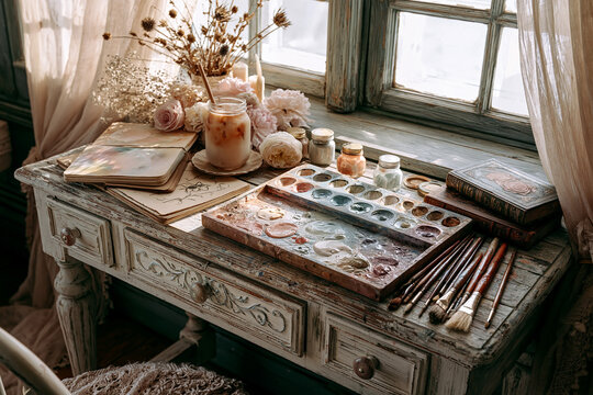 Studio setup with paint palette, brushes, sketchbook and iced coffee