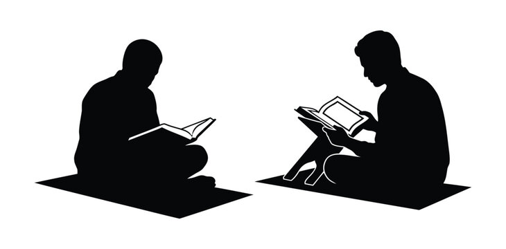 Black silhouettes of two men reading books while sitting on the floor Vector